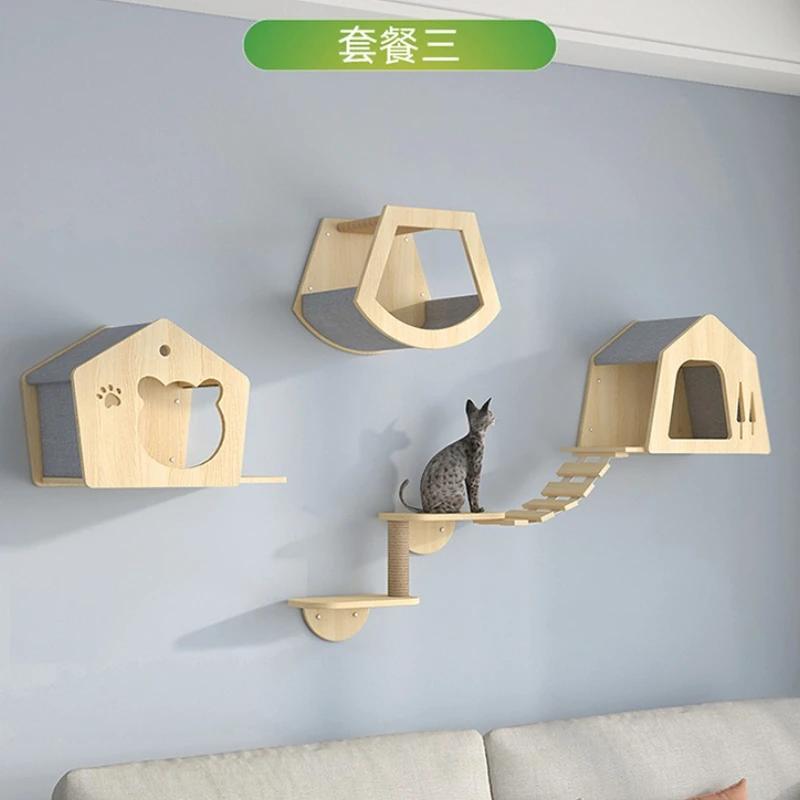 Wooden Cat House Elevated Bed for Cats Wall Mounted Kitten Villa Climbing Shelf for Pets Floating Shelves for Sleeping