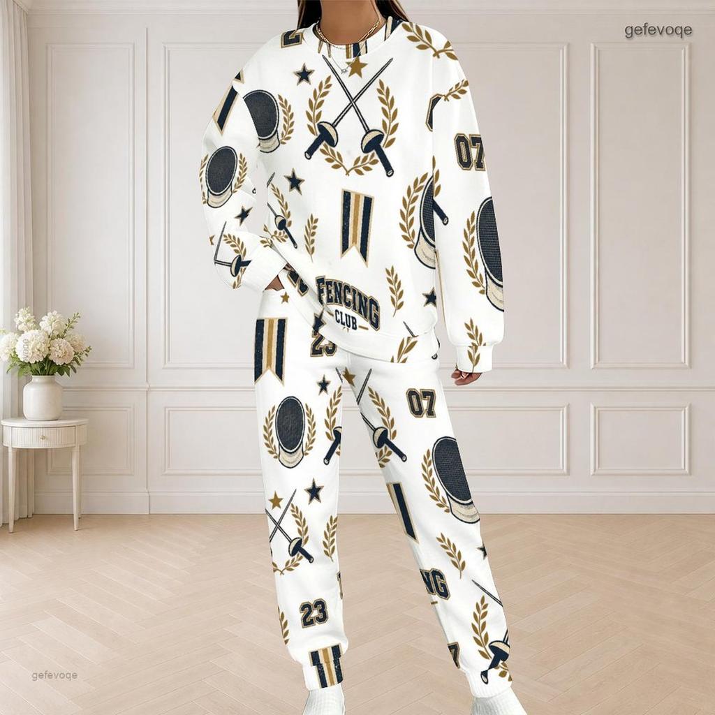 Women Plus Size White Hockey Printed Round Neck Long Sleeve Top And Pants Two Piece Set