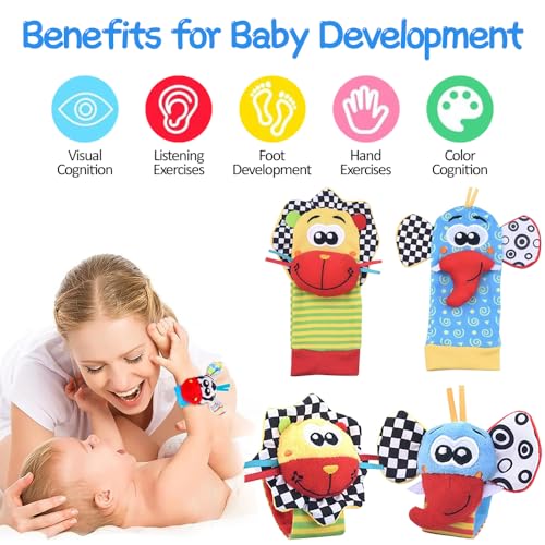 Baby Wrist Rattles Socks and Foot Finder Toy Set, 4-Piece Newborn Learning Toys for 0-12 Months Boys Girls, Baby Shower Birthday Gift