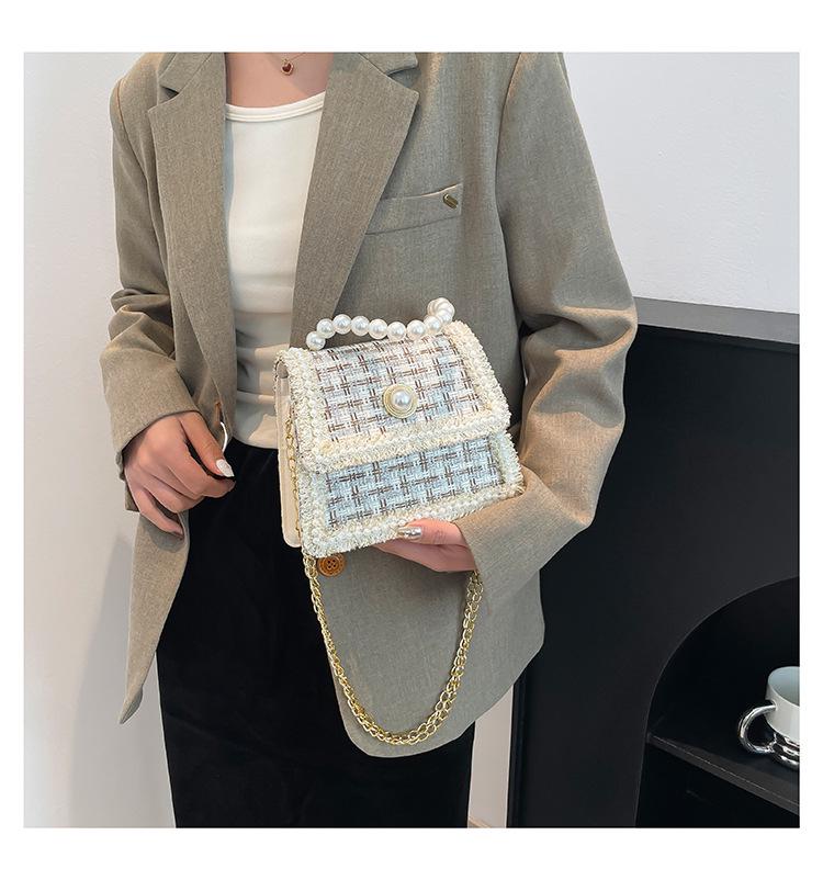 Women's Autumn & Winter Mori-Style Knitted Wool Bag with Pearl Lace and Chain