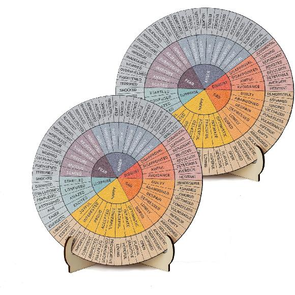 10.6IN Feelings Wheel Therapy Tabletop Decor, Wooden Double-Sided Mental Health Mood Chart with Stance As a Gift for Consulting Therapists, Social