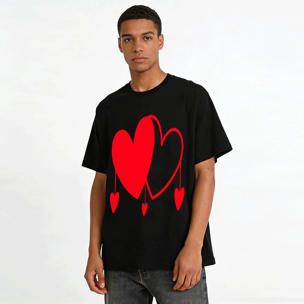 Romantic Heart Print Couple Style Casual Versatile Crewneck Top Pure cotton T-shirt