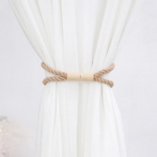 Magnetic Curtain Tieback, Cotton Linen Rope Curtain Holdback with Wood Buckle for Drapes, Decorative Tie Backs for Bedroom, Boho Room, Nursery,