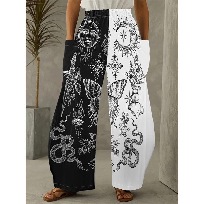 Women's Fashion Wide-legged Pants Elegant 3d Sun, Moon And Star Printed Pants Women's Street Vintage Pants With Pockets