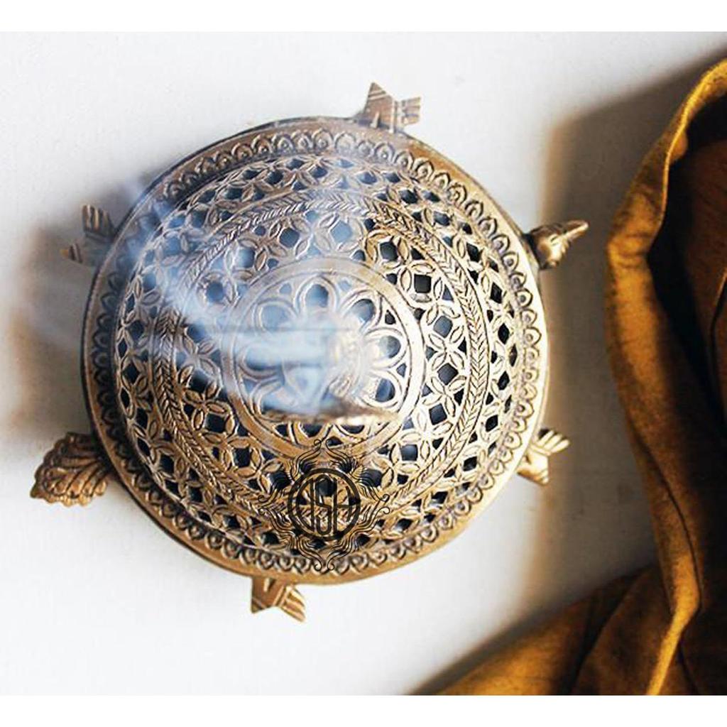 Brass Incense Burner Tortoise Peacock Loban Dani Brass Dhoop Dani Aarti Brass Loban Dhoop Dani Dhoop Dani Burner For Home Office Temple Puja(Round)