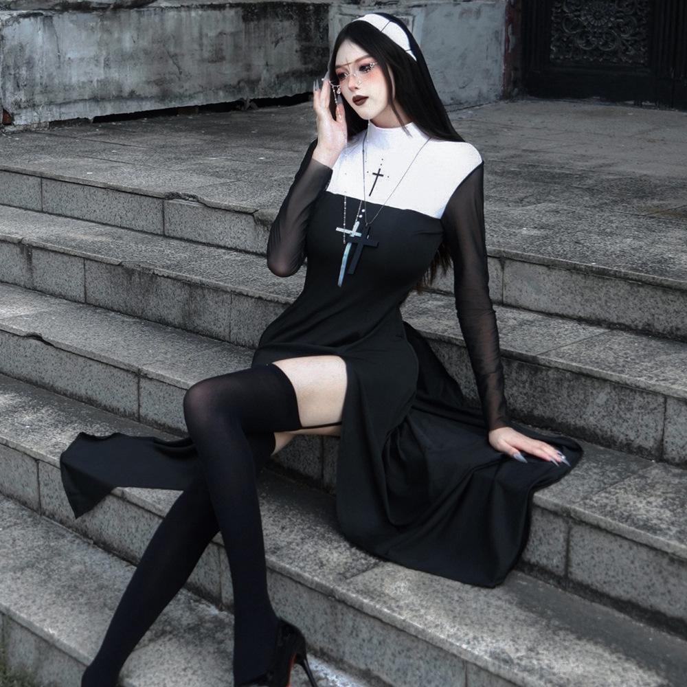 Halloween nun cos costume sexy dress virgin mary priest role dress up prom costume