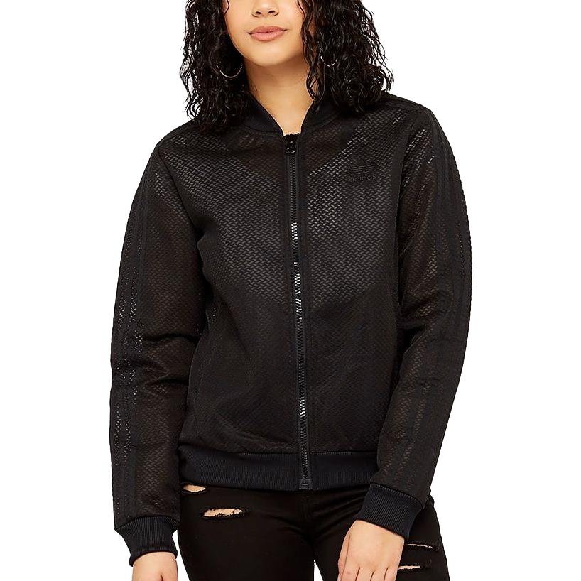 Adidas Originals Solid Color Letter Logo Print Woven Mesh Stand Collar Jacket Women jackets Black CV5798