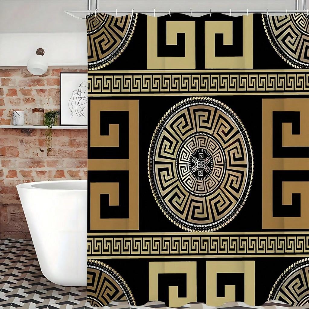 Elegantní řecký klíč sprchový závěs: Přijměte klasický zlatý design, měkkou látku a nadčasovou atmosféru pro vaši luxusní koupelnu