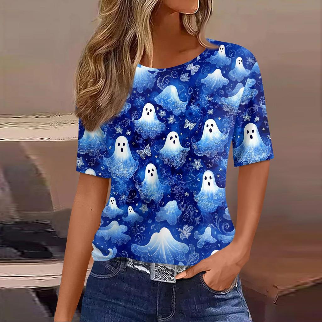 Women's Casual Short Sleeve Pullover Top Halloween Pumpkin Bat Print Round Neck Fashionable Relaxed Fit Shirt for Everyday Wear