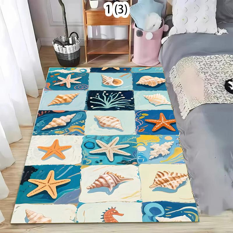 2D Star Fish and Shell Ocean Theme Outdoor Area Rug No-Slip for Patio Deck Backyard Balcony Carpet Bathroom Door Mat Minimalist