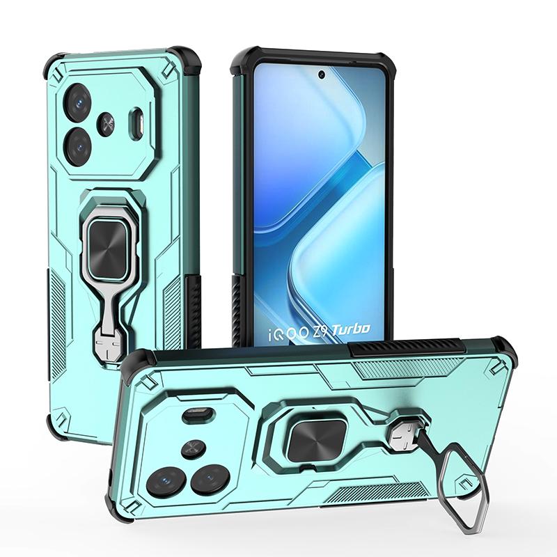 KEYSION Shockproof Armor Case for IQOO Z9 Turbo Soft Silicone+PC Upright Metal Ring Stand Phone Cover for IQOO Z9 Turbo+ Z9 5G