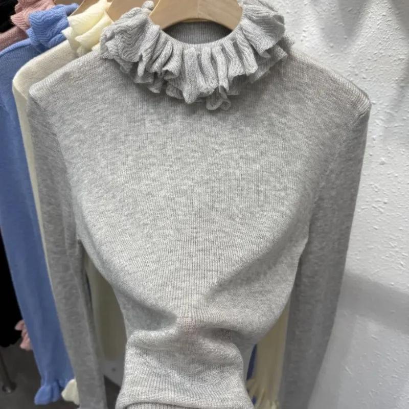 Ny Höst Spetskrage Stickad Dam Högkvalitativ Halvpolo Ull Underdel med Casual