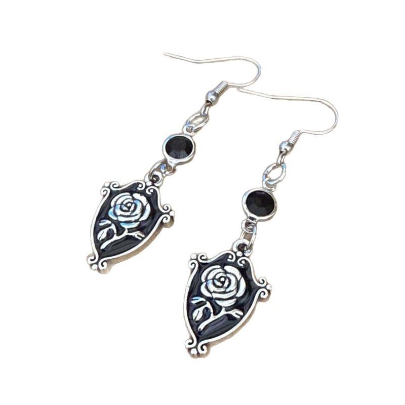 Gothic-punk Black Rose Flower Shield Long Pendant Dangle Earrings for Women Retro Charm Halloween Party Jewelry Accessories Gift