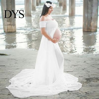 Vestido para Grávidas Cor Sólida Fenda Frontal Roupa Casual Ombro a Ombro Comprimento Total Adereços para Fotos de Princesa