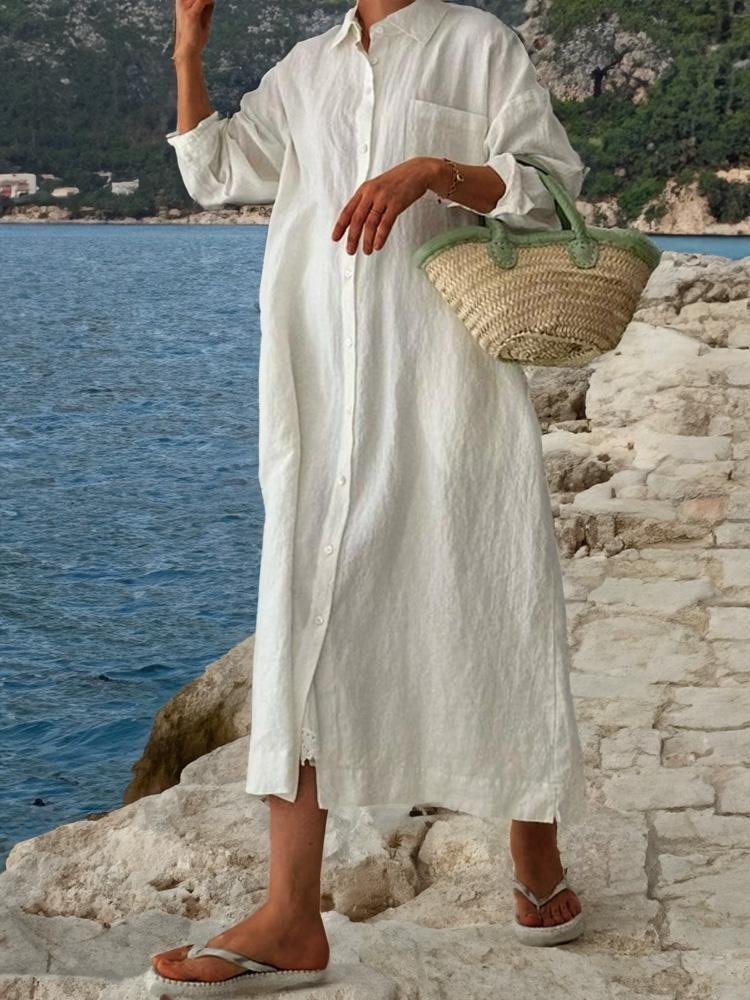 

Women s Long Sleeve Shirt Dress with Front Buttons and Side Pockets in 5 Colors S белый