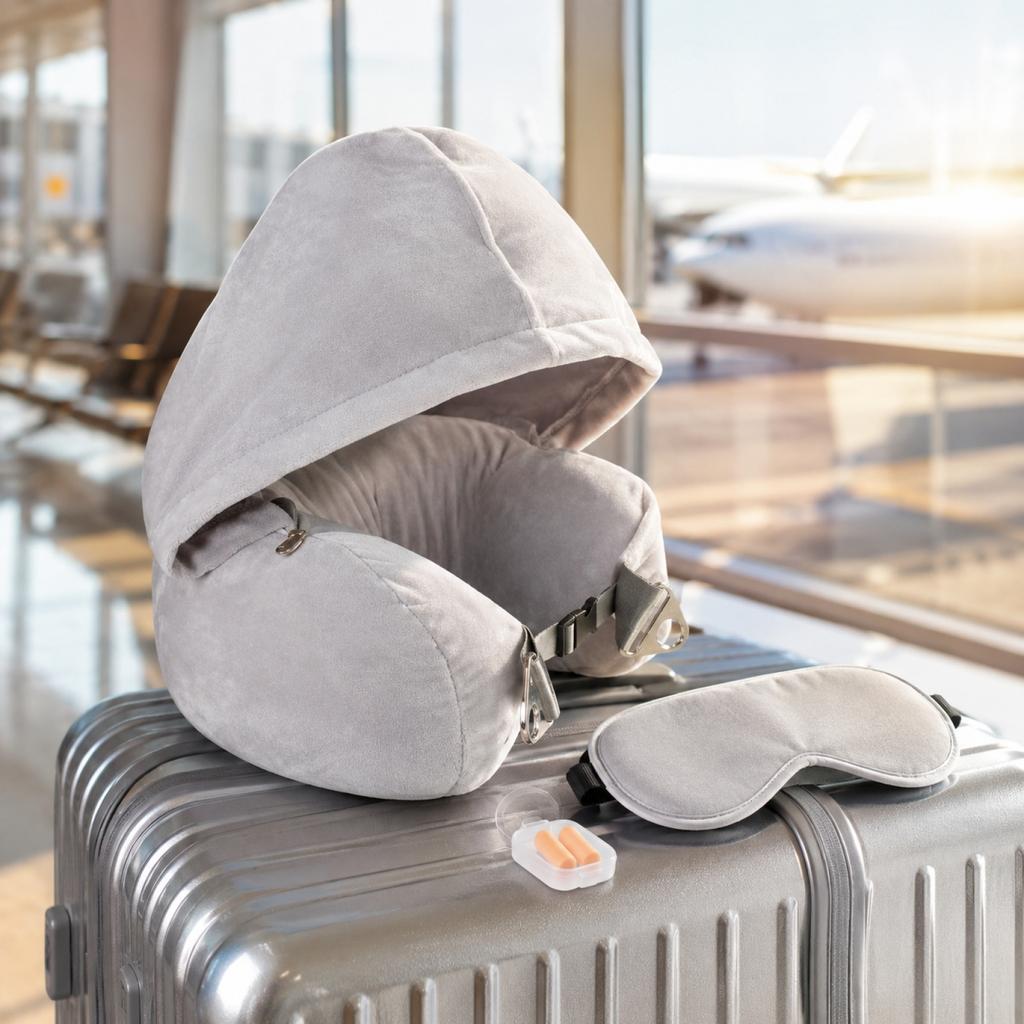 Hooded U-Shaped Travel Neck Pillow with Foam Beads Multi-Functional Portable Nap Pillow for Outdoor and Travel Support