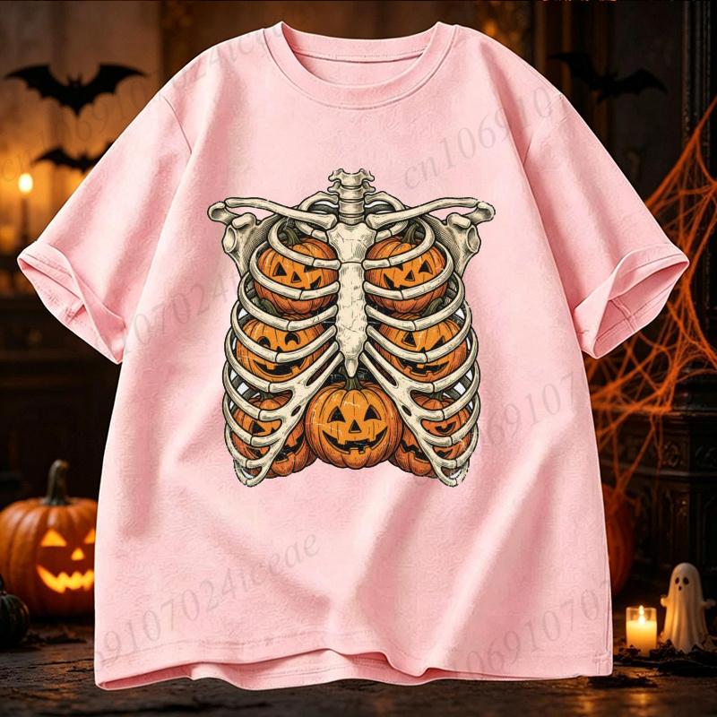 Halloween Skeleton Rib Cage Pumpkin Graphic T Shirt Vintage Chest Bone Print Tees Short Sleeve Unisex Gothic Holiday Casual Tops