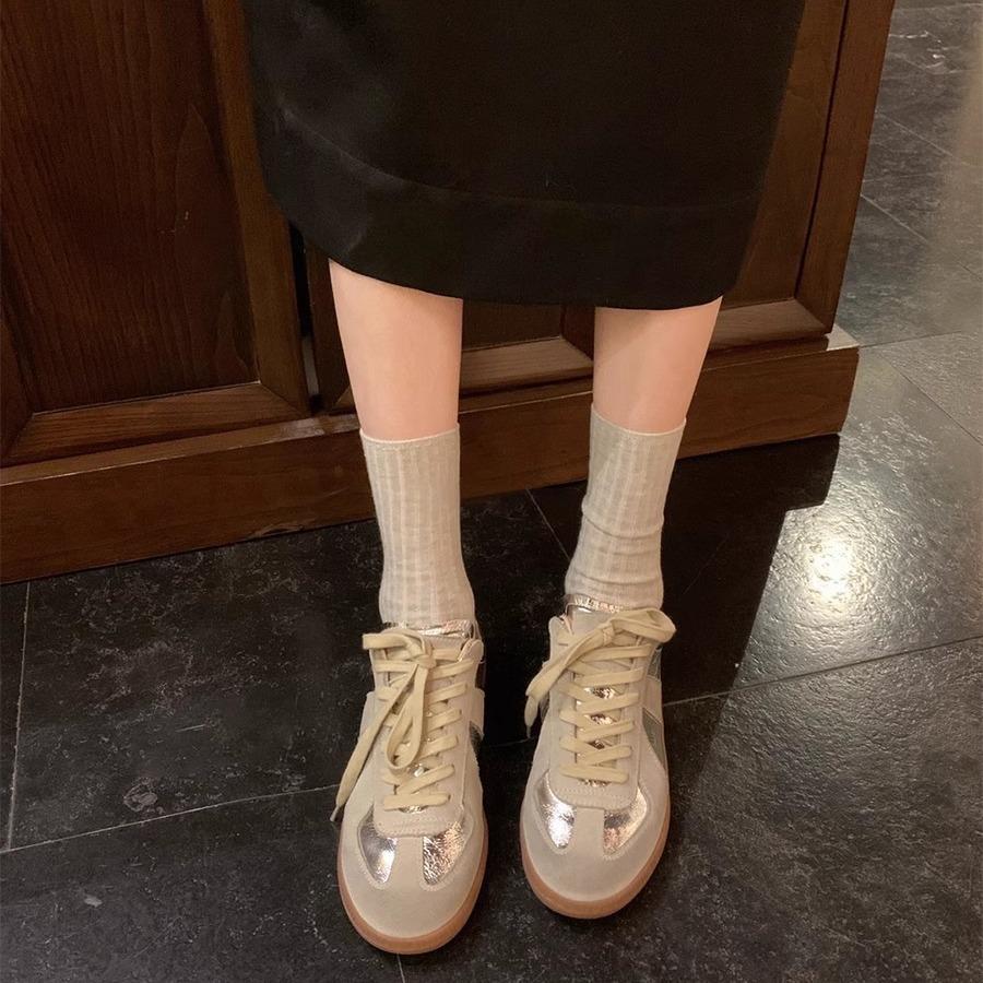 Cowhide Version~ Silver Women's Leather Color Matching Casual Sports Versatile Board Shoes Flat Thick Sole