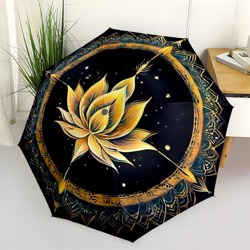 1pcLotus Mandala Automatic Folding Umbrella with 8 Bones, Portable 3-Fold Collapsible Compact Design On-the-Go Essential, Casual Outdoor Acc