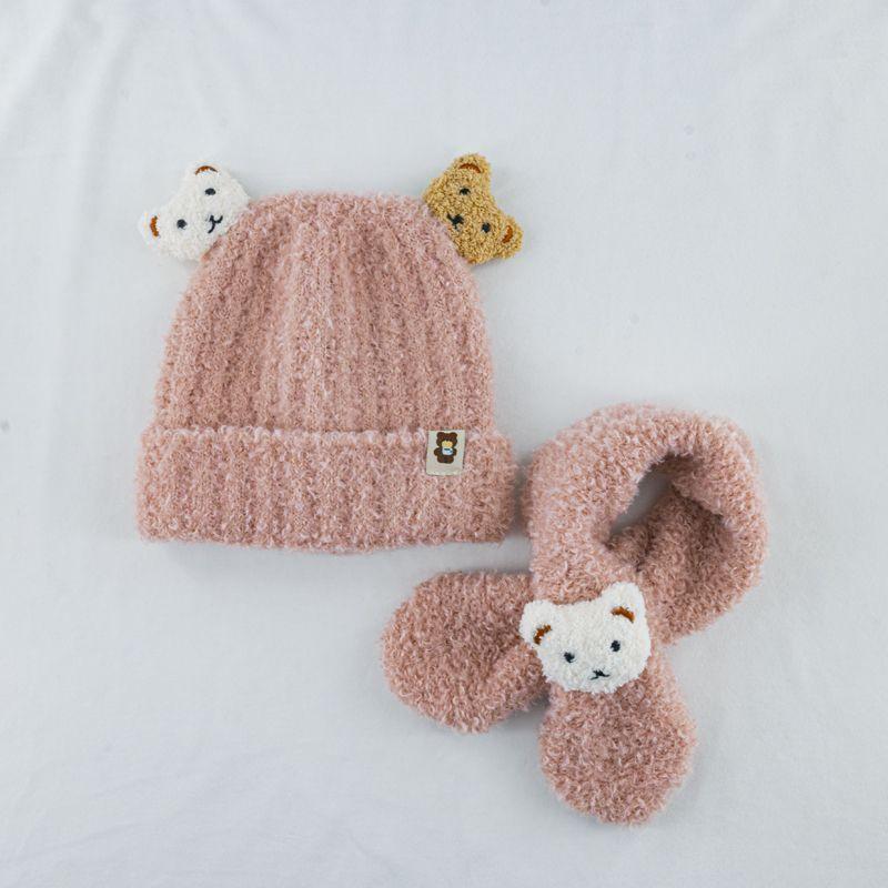 Autumn and winter baby hat scarf two-piece set super cute children's knitted tire hat bear warm ear hat