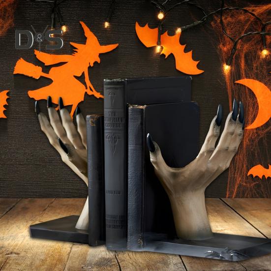 Halloween Bookends Witch Hand Book End Gothic Home Decor for Shelves Desktop Scary Witch Hands Holding Figurine Book Stand Halloween Room Decor