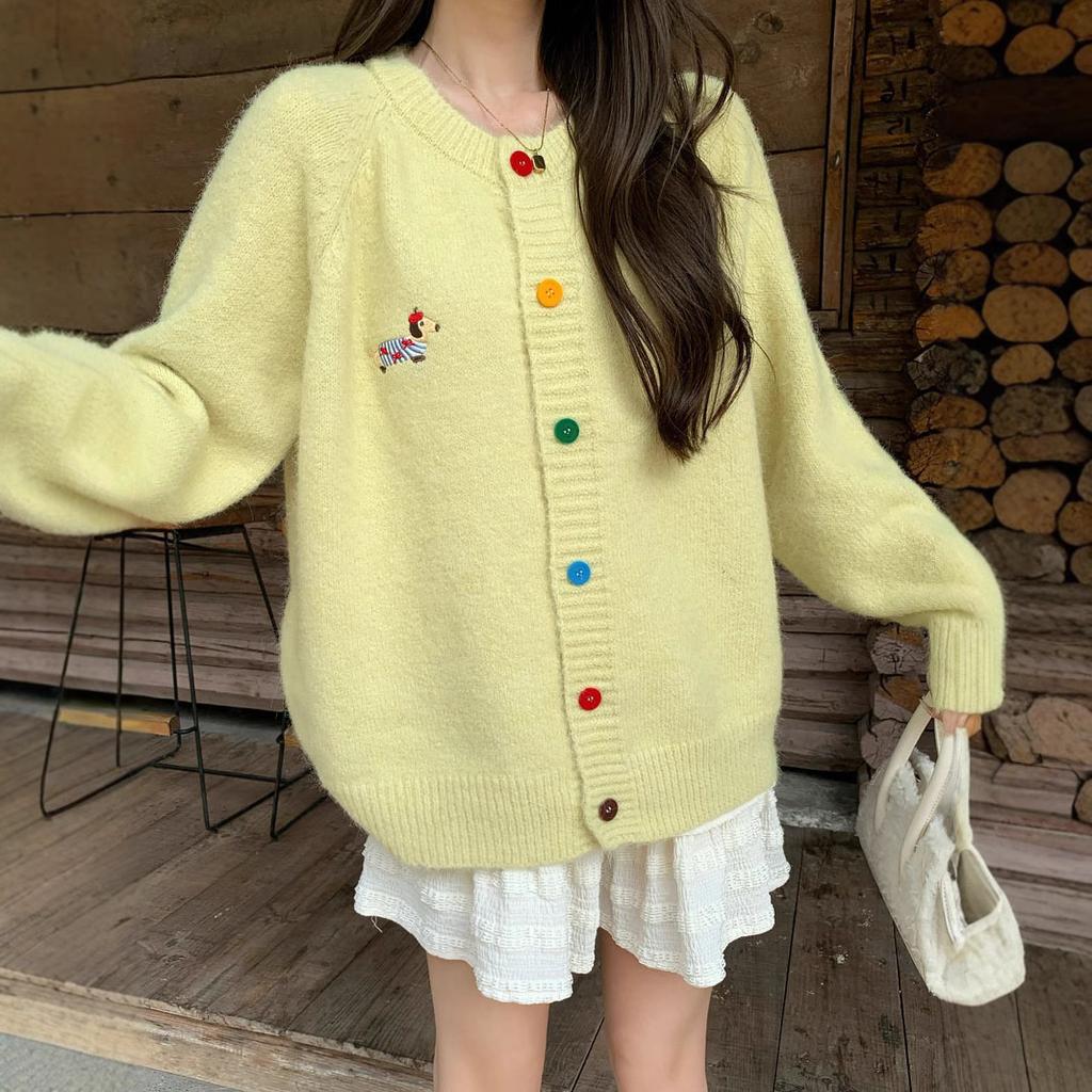 Sweet Round Neck Color Button Dog Pattern Long Sleeve Sweater Cardigan Women Spring Autumn Winter Korean Versatile Top
