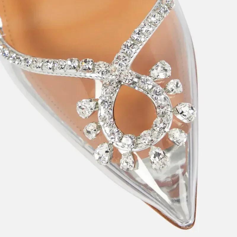 Fashion PVC Transparent Silver Clear Rhinestone High Heels Women Pumps Fashion Sling Backs Thin Heels Party Bridal Wedding Sandals Shoes