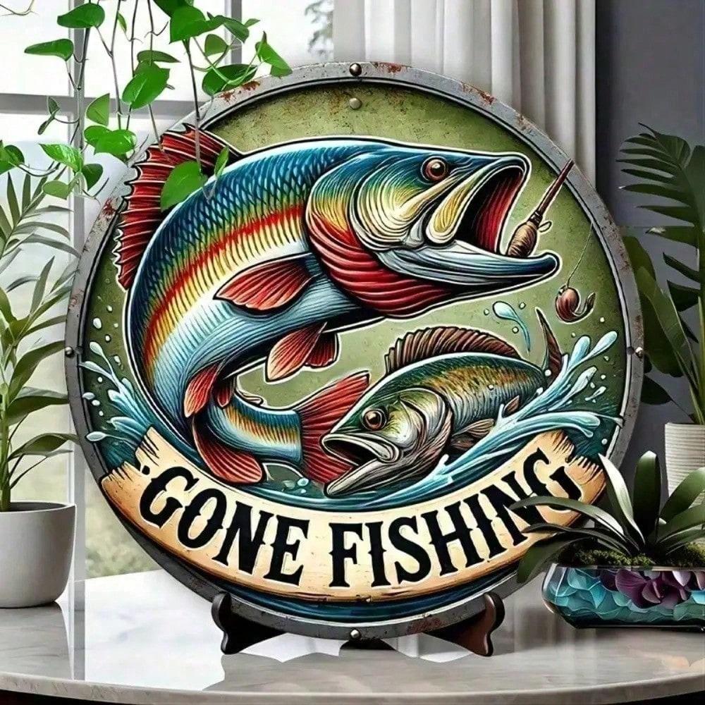 Placca di Latta da Pesca Decorazione Murale, Regalo Man Cave Poster Metallico da Pesca per Parete, Regalo per Uomini Arte Murale Metallica Retrò Pesca, Regalo per Marito