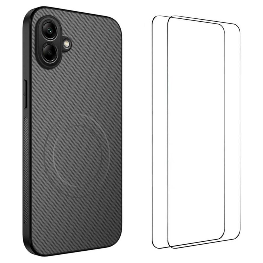 WANLONFENG TQ1 Series For Samsung Galaxy A07 Magnetic Case Carbon Fiber Texture PC TPU Phone Cover with 2Pcs Screen Films