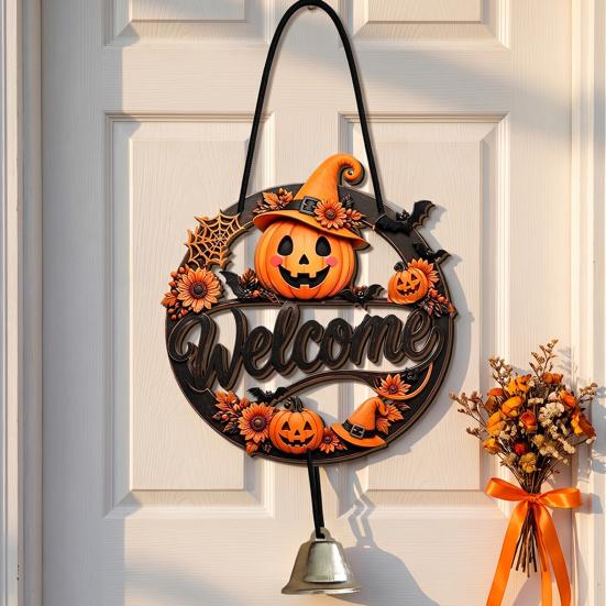 Durable Door Sign for Porch Halloween Pumpkin Ghost Wooden Welcome Hanger Sign, Cute Wall Ornament with Bell Front Hanging Rope, Decor Indoor Outdoor