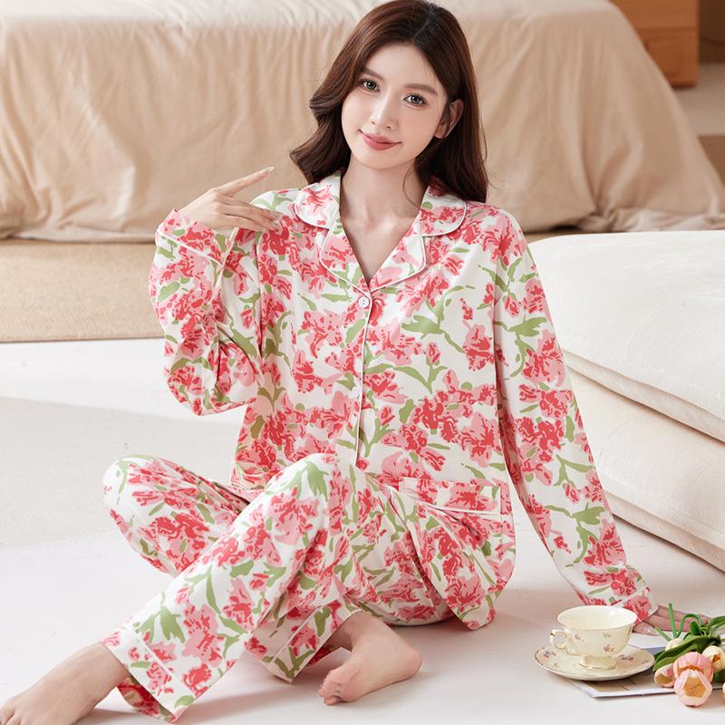 Baumwollimitat Pyjama Damen Frühling und Herbst sanfte Tulpen lange Ärmel große Größe mittel Mutter Loungewear Set