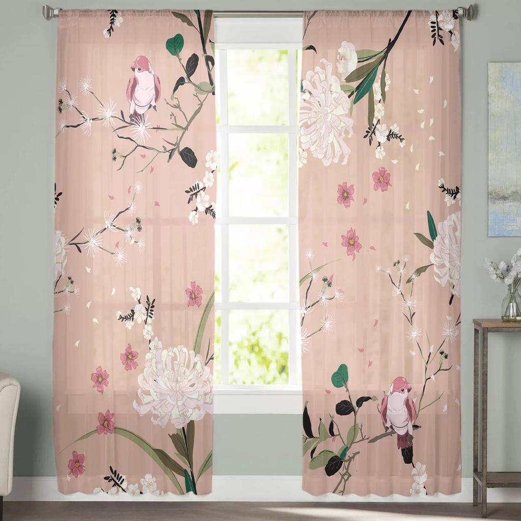 Pink Flowers Tulle Curtains for Living Room Bedroom Sheer Curtain for Balcony Hall Fashion Printed Home Drapes