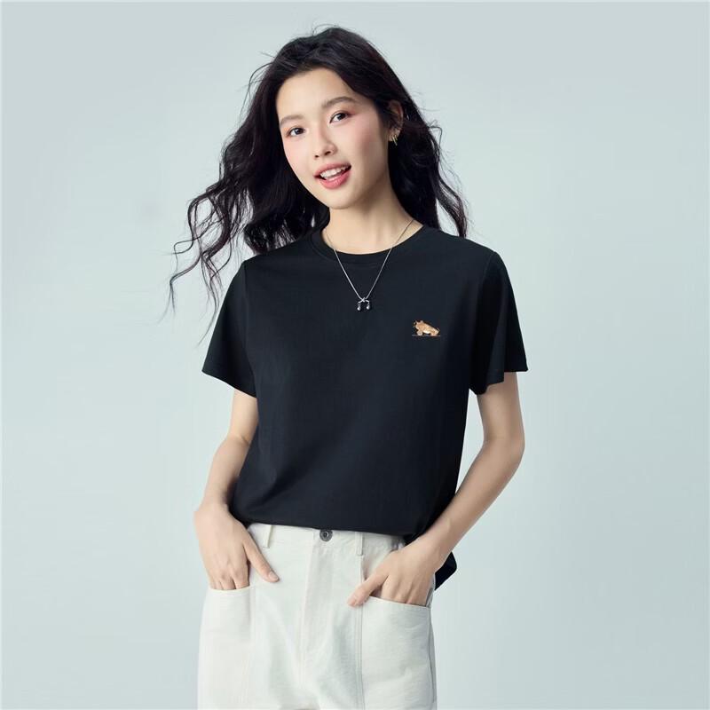 GIORDANO Damen Baumwoll T-Shirt mit Katzenstickerei, kurzärmelig