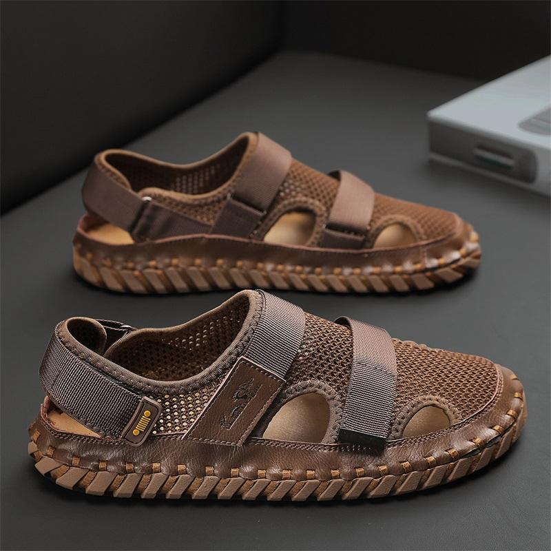 Casual Hiking Shoes Soft Wear-resistant Soles Men's Cowhide Sandals Hollowed Out Men's Mesh Shoes Breathable Versatile Red Brown