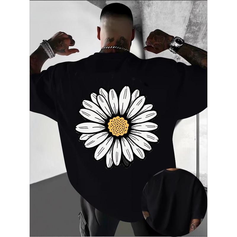 Men's Spring Casual Loose-Fit Street Style Plus-Size Drop-Shoulder Printed T-Shirt, Daisy Print Crew Neck Short Sleeve, Daily Casual Hiking Top