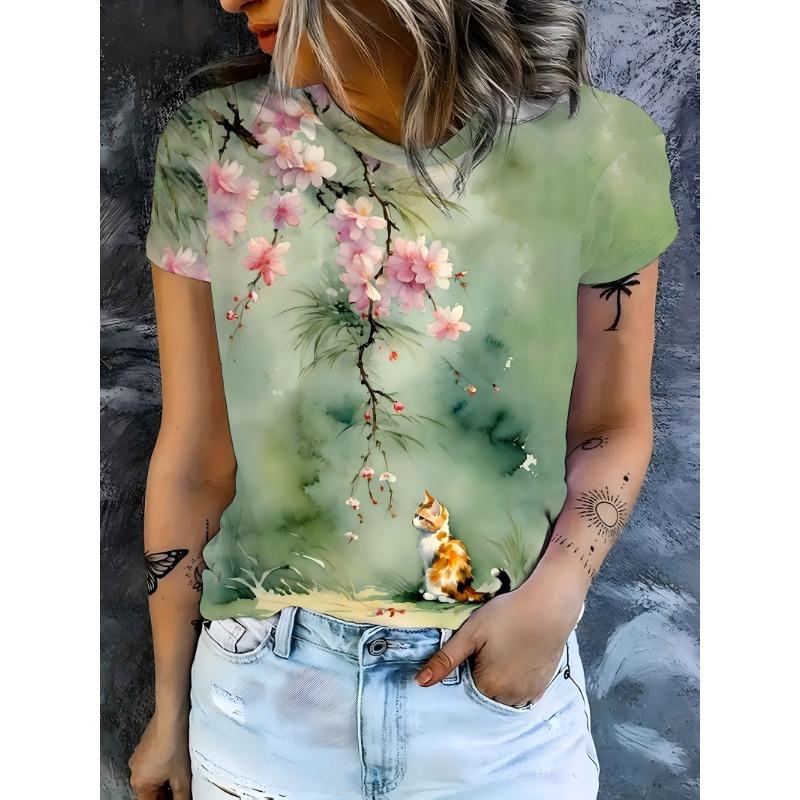Women s printed cat graphic T-shirt - crew neck top S