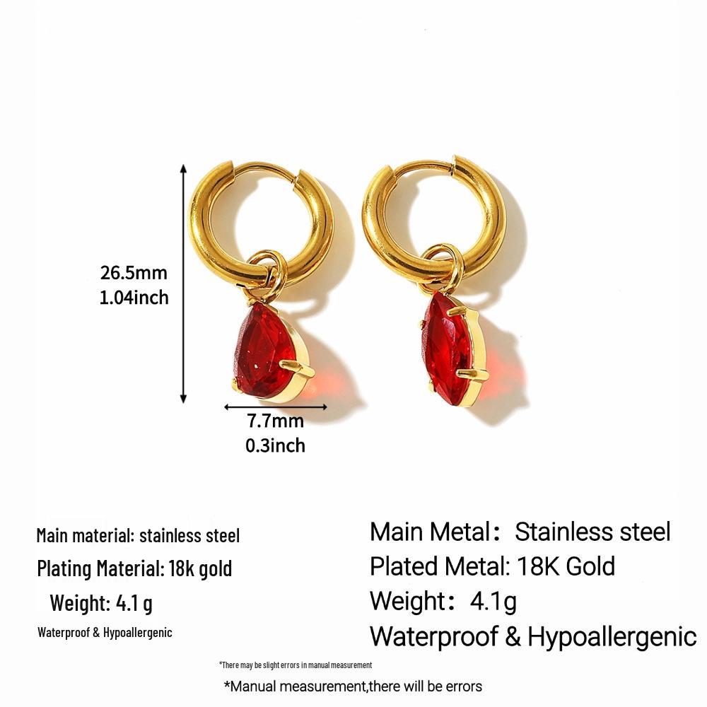 European High-End 18k Gold-Plated Stainless Steel Stud Earrings with Large Red Zircon for Women