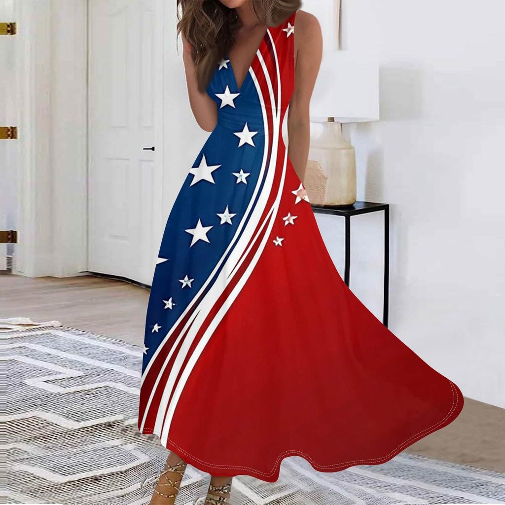 Women's Fashion Casual Loose V Neck Sleeveless Independence Day Printed Long Dresses