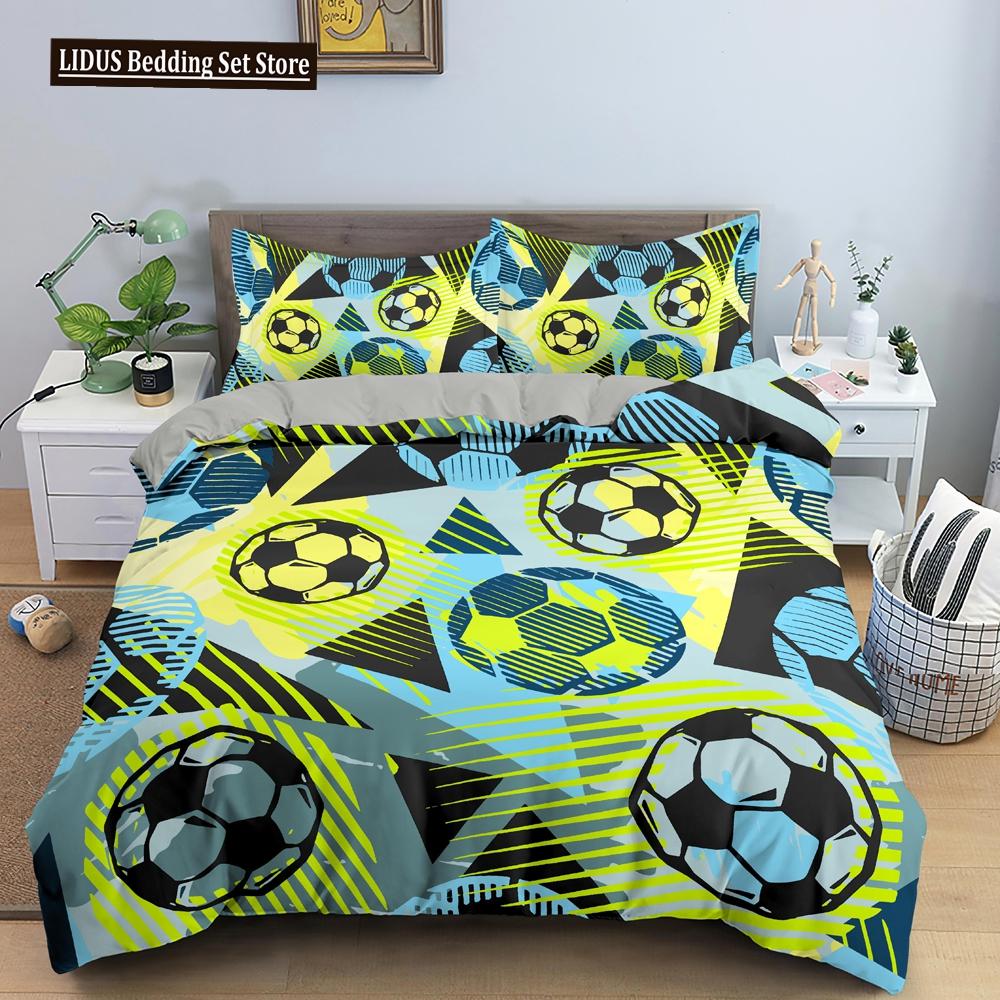 Kolorowy Zestaw Pościeli Piłkarskiej Chłopcy Dziewczynki Rozmiar Twin Queen Poszwa na Kołdrę Poszewka na Poduszkę Łóżko Dzieci Dorośli Moda Tekstylia Domowe