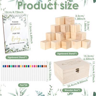 78Pcs Fun Baby Shower Games Sign Kit DIY Baby Shower Blocks To Decorate Game Kit with 52 Wooden Blocks 24 Markers for Gender