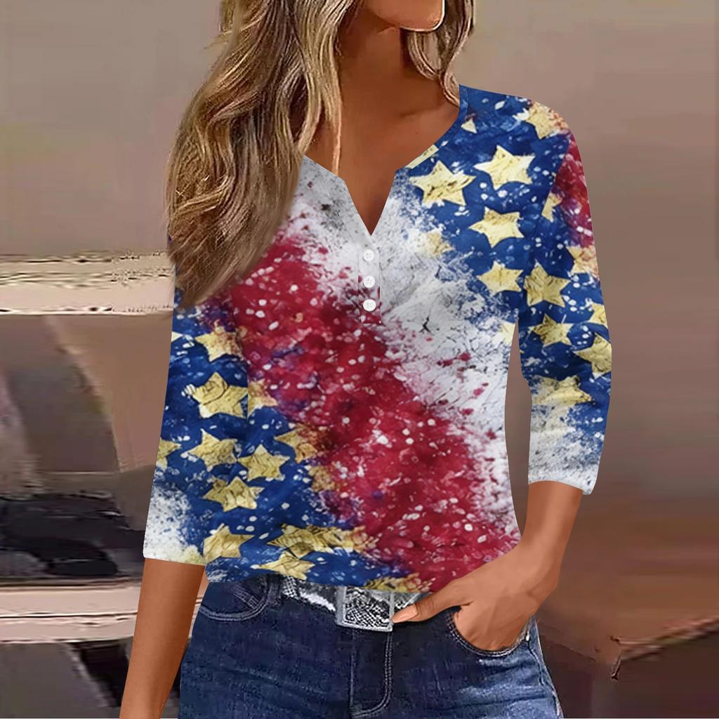 Women's Fashion Casual Independence Day American Flag Stars and Stripes Print Collar V-Neck Three-Quarter Sleeve Decorative Button-Up T-Shirt Top