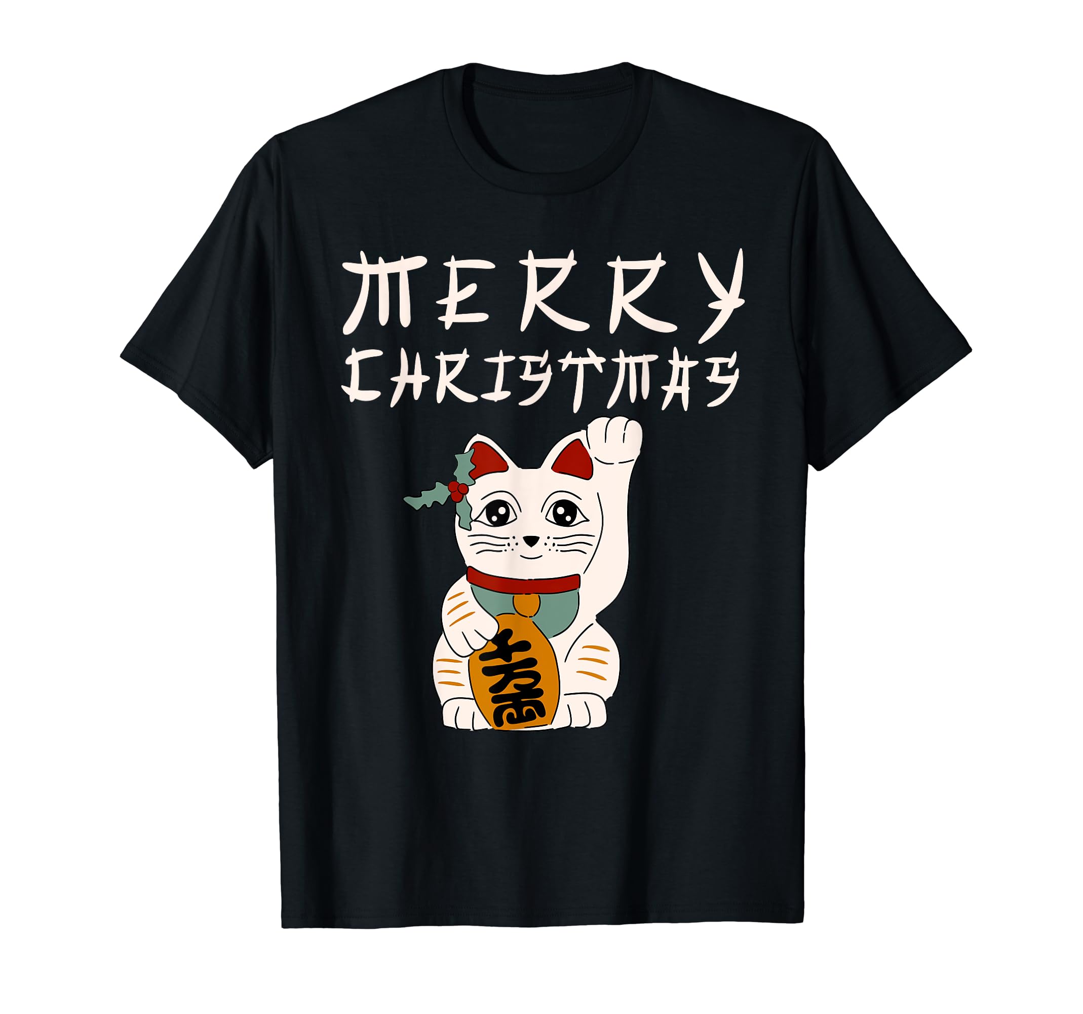 

Merry Christmas Anime Kawaii Cat Funny Lucky Cat Japanese T-Shirt чорний