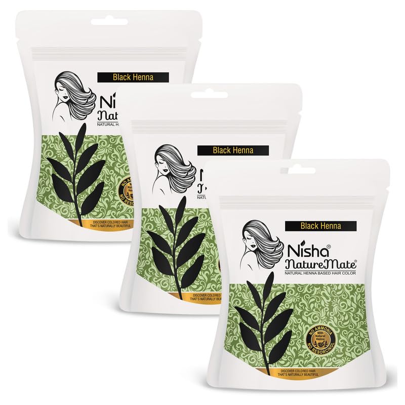 Nisha Nature Mate Henna Hair Colour Black Powder 45g X Pack Of 3 Ammonia Free Permanent Herbal Hair Dye For Natural Shine