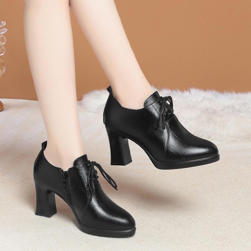 New Winter Women Boots Thick Heel Flat Shoes Anti-slip Velvet Laces for Comfort Ankle Autumn Fashion Leather Boots
