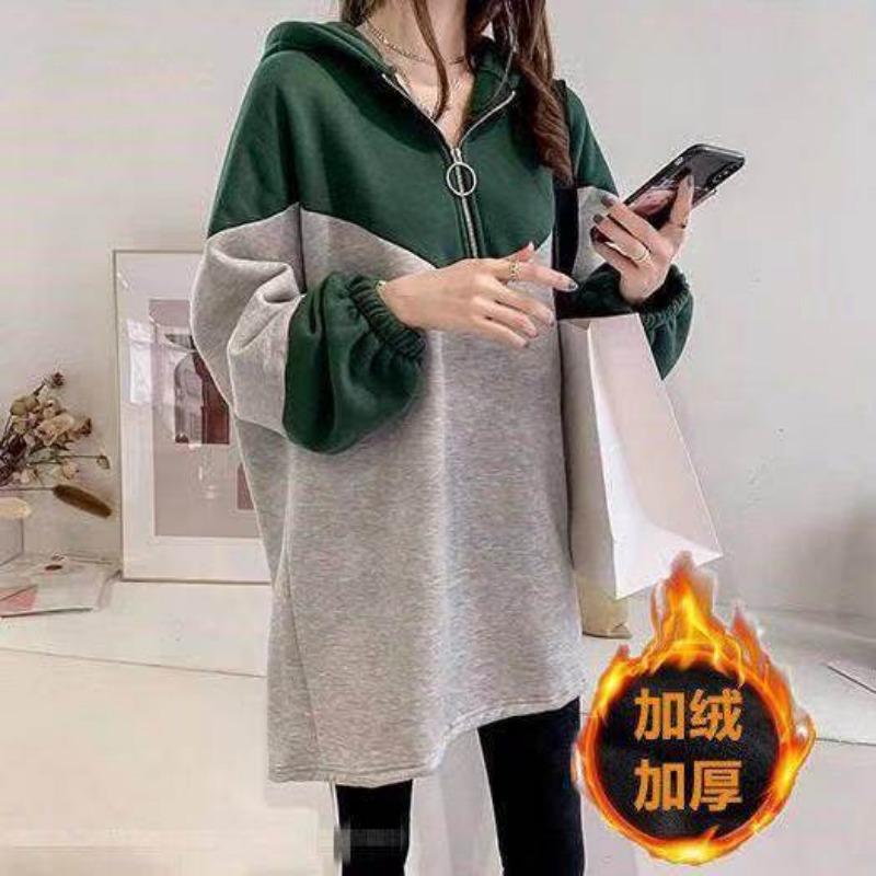 

Autumn Winter Loose Casual Patchwork Zipper Hoodies Women Fashion Simple Pullover Hooded Pullover Top M зелёный