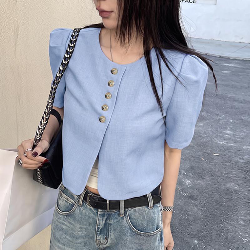 ZANZEA Women Casual Round Neck Solid Color Short Sleeve Cropped Blouse
