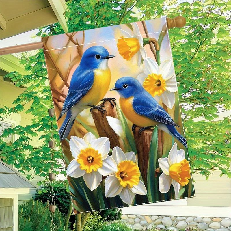 1pc Bluebird Narcissus Spring Garden Flag_2 (1) Garden Decoration Double-sided, Home, Yard Decoration, Outdoor Decoration, Lawn Decoration, Flag Only