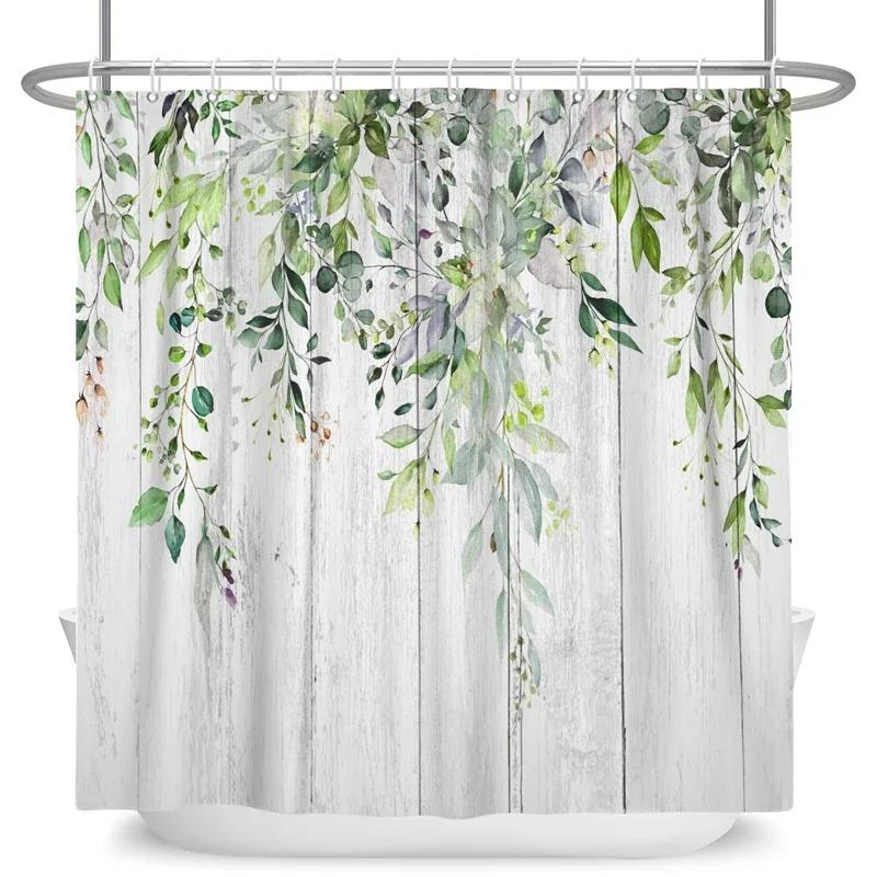 Green Eucalyptus Leaves Shower Curtains Watercolor Floral Waterproof Morden Bathroom Bathtub Curtain Room Decor With Hooks