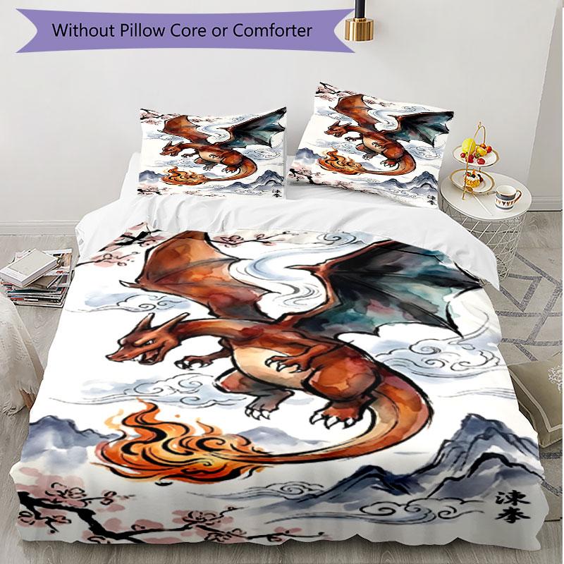 3pcs Duvet Cover Set (1*Duvet Cover + 2*Pillowcase, Without Core), Charizard VS Blastoise Print Soft All‑Season Bedding Set, Home Bedroom Decor Gift