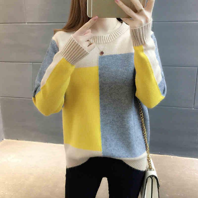WTEMPO Low-collar Sweater Women Shirt Color Matching Thick Long-sleeved Knitted Bottoming Shirt
